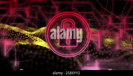 Lock icon image over digital network and data visualization background Stock Photo