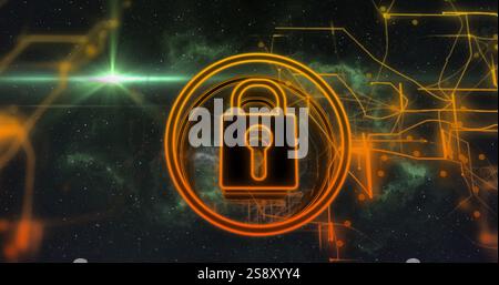 Lock and key symbol with digital security image over space background Stock Photo