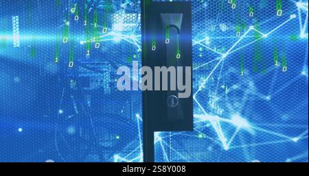 Binary code and network connections image over blue digital background Stock Photo