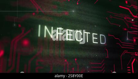 Image of infected text over computer circuit board on black background Stock Photo
