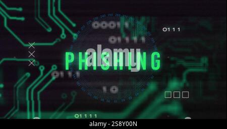 Image of data processing with phishing text and computer circuit board on black background Stock Photo