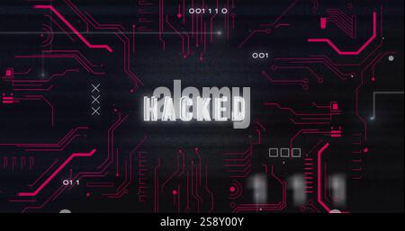 Image of data processing with hacked text and computer circuit board on black background Stock Photo