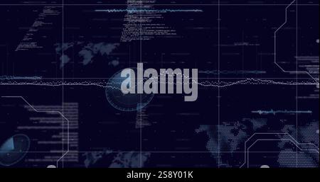 Data visualization and analysis image over world map and radar graphics Stock Photo