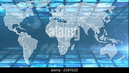 World map with hexagonal patterns and data processing image over blue background Stock Photo