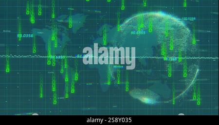 Binary code and numerical data over digital globe and world map image Stock Photo