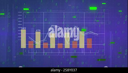 Financial data and binary code image over fluctuating bar and line graphs Stock Photo