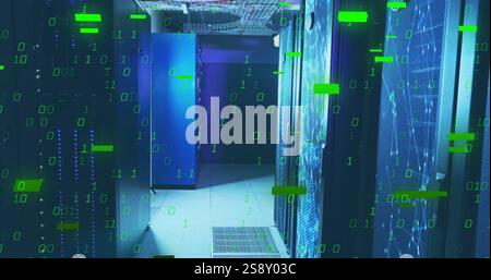 Binary code and data processing image over server room Stock Photo