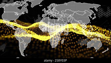 Global data flow image over world map with yellow and black dots Stock Photo