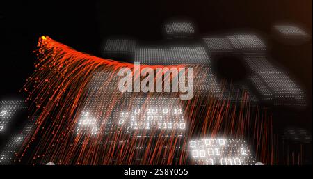 Red data streams and binary code image over digital matrix background Stock Photo