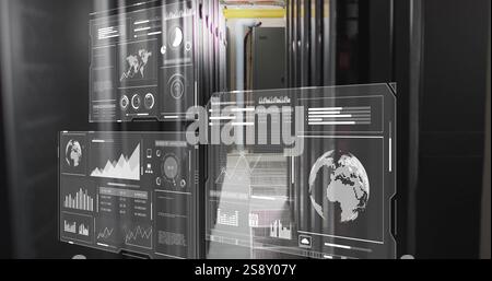 Data analytics and global statistics image over server room background Stock Photo