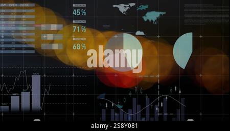 Financial data and pie chart image over blurred lights and graphs Stock Photo