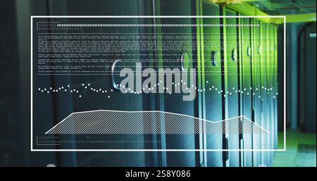 Data analysis and algorithm image over server racks in data center Stock Photo
