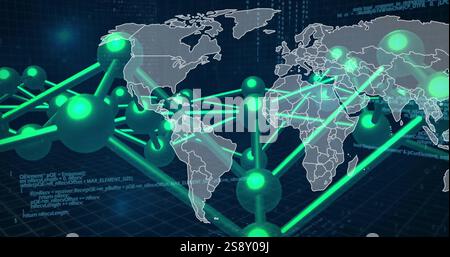 Global network connections and data transfer image over world map Stock Photo