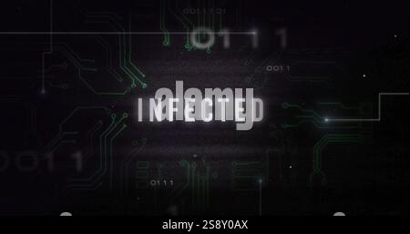 Image of infected text with data processing on black background Stock Photo