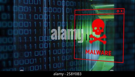 Image of malware text and data processing over computer servers Stock Photo