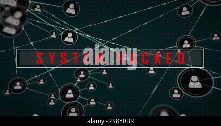 Image of system hacked text over network of connections with icons Stock Photo