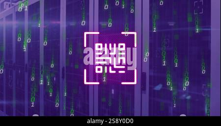 Image of qr code, binary coding and data processing over computer servers Stock Photo