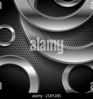 Tech abstract background with silver circles on perforated metallic texture. Vector geometry design Stock Vector