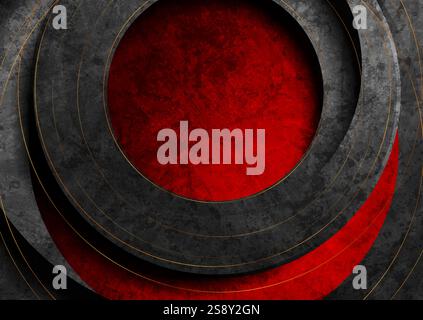 Black and red grunge circles abstract background with golden lines. Vector retro geometric graphic design Stock Vector