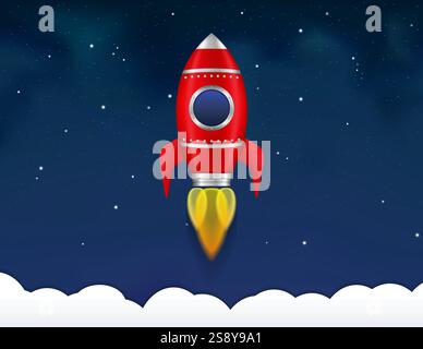 Red rocket on the background of night sky with stars, vector eps10 illustration Stock Vector