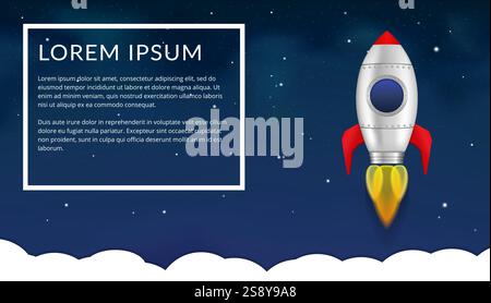 Rocket on the background of night sky with stars, frame for text, vector eps10 illustration Stock Vector