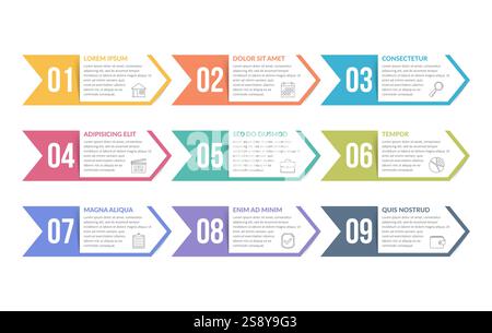 Set of nine arrows with numbers with place for your text, can be used as steps, options, process design, workflow, vector eps10 illustration Stock Vector