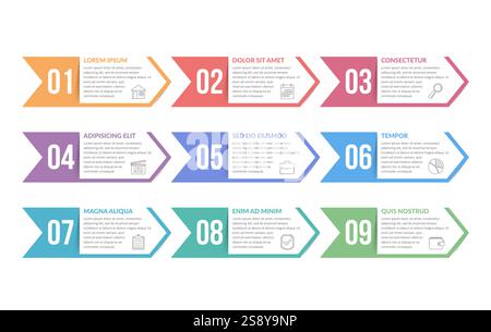 Set of nine arrows with numbers with place for your text, can be used as steps, options, process design, workflow, vector eps10 illustration Stock Vector