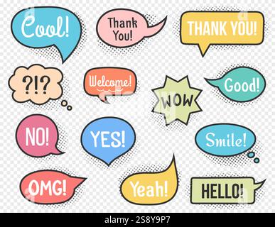 Hand drawn speech bubbles with different words and phrases, halftone shadows, vector eps10 illustration Stock Vector