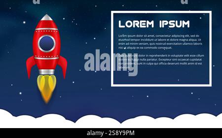 Red rocket on the background of night sky with stars, frame for text, vector eps10 illustration Stock Vector