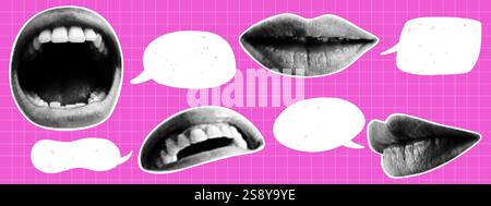 Set of retro style paper cut halftone mouth and lips with speech bubbles. Y2K collage design Stock Vector