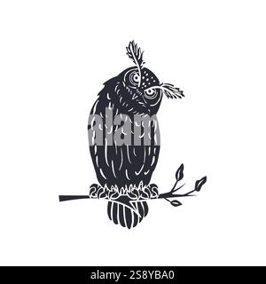 Hand drawn black silhouette eagle-owl sitting on tree branch Stock Vector