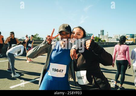 Two enthusiastic female friends are seen smiling and posing happily before participating in a half marathon. The atmosphere is lively and energetic, c Stock Photo