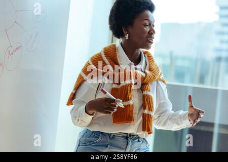 A black woman stands confidently in front of a whiteboard, delivering a passionate presentation in a modern office. Her dynamic demeanor captures the Stock Photo