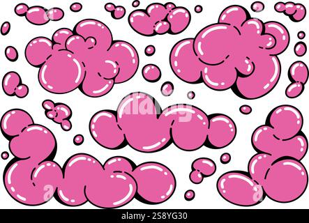Y2k funky cloud shapes. Playful vector design. Cartoon retro pink bubbles. Bright soap suds illustration on white background Stock Vector