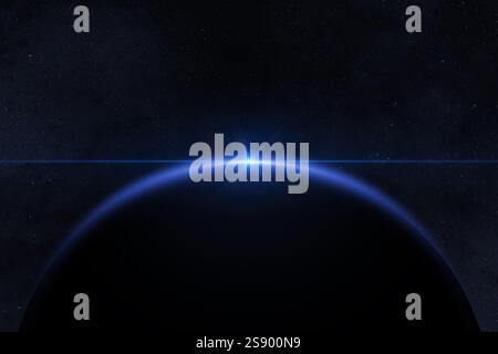 View of the abstract planet, nebula and galaxy. Sunrise over planet Earth, view from space. Concept on the theme of Earth Day. Stock Photo