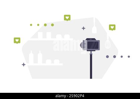 Vector background with camera on tripod, shelves, bottles and green heart icons. Background for blogs, banners or content for photo and video shooting Stock Vector