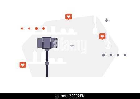 Vector background with camera on tripod, shelves, bottles and red heart icons. Background for blogs, banners or content for photo and video shooting Stock Vector