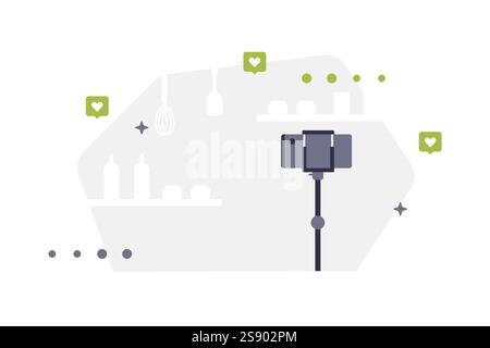 Vector background with camera on tripod, shelves, bottles and green heart icons. Background for blogs, banners or content for photo and video shooting Stock Vector