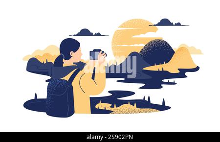 Vector illustration of a traveling girl with a backpack taking a photo of a mountain landscape on a camera. A travel blogger in a yellow jacket Stock Vector