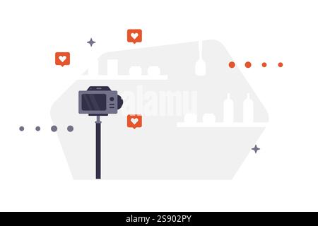 Vector background with camera on tripod, shelves, bottles and red heart icons. Background for blogs, banners or content for photo and video shooting Stock Vector