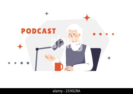 Vector illustration of an elderly man with glasses hosting a podcast sitting at a table with a microphone and a mug of coffee. A gray-haired character Stock Vector