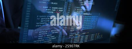 Interactive virtual coding workspace displaying fictional code, blending human input and advanced technology for digital creations. Stock Photo