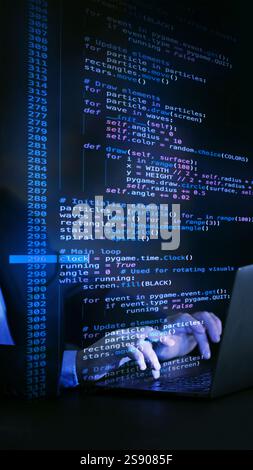 Fictional code overlay on desktop screen in virtual environment, illustrating precision and creativity in creating simulations within virtual Stock Photo