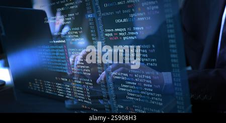 Professional pointing towards virtual screen displaying live fictional code and analytical graphs, suggesting data analysis or programming workflow. Stock Photo