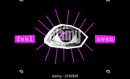 Trendy vintage vector collage in halftone style. Open illuminated eye with pink iris and lashes watching Stock Vector