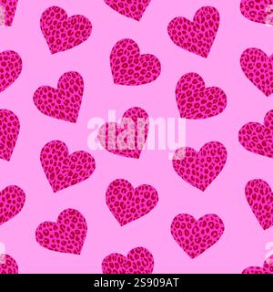 Hand drawn hearts doodle with leopard spots seamless pattern. Vector background illustration. For home decor, fashion, surface design Stock Vector