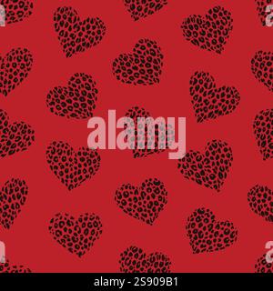 Hand drawn hearts doodle with leopard spots seamless pattern. Vector background illustration. For home decor, fashion, surface design Stock Vector