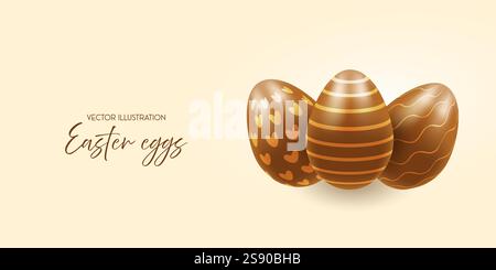 Chocolate easter eggs, banner, realistic 3d. Vector illustration on transparent background Stock Vector