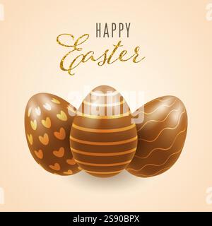 Chocolate easter eggs, banner, realistic 3d square. Vector illustration on transparent background Stock Vector