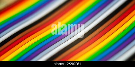 Flat cables in various colors are neatly aligned, creating a striking visual pattern that showcases diversity and design. Stock Photo